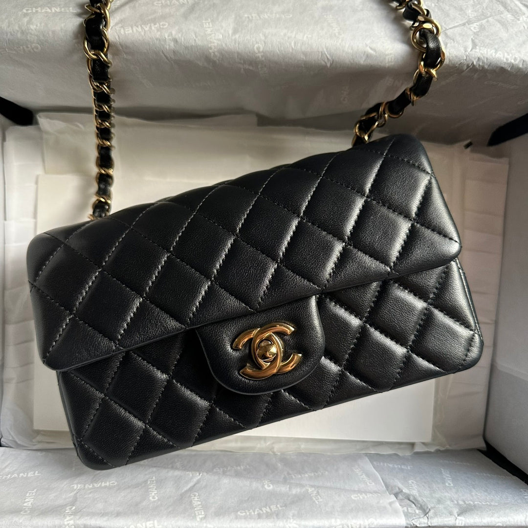 CHANEL Black Lambskin LGHW Mini Rectangular Flap Bag