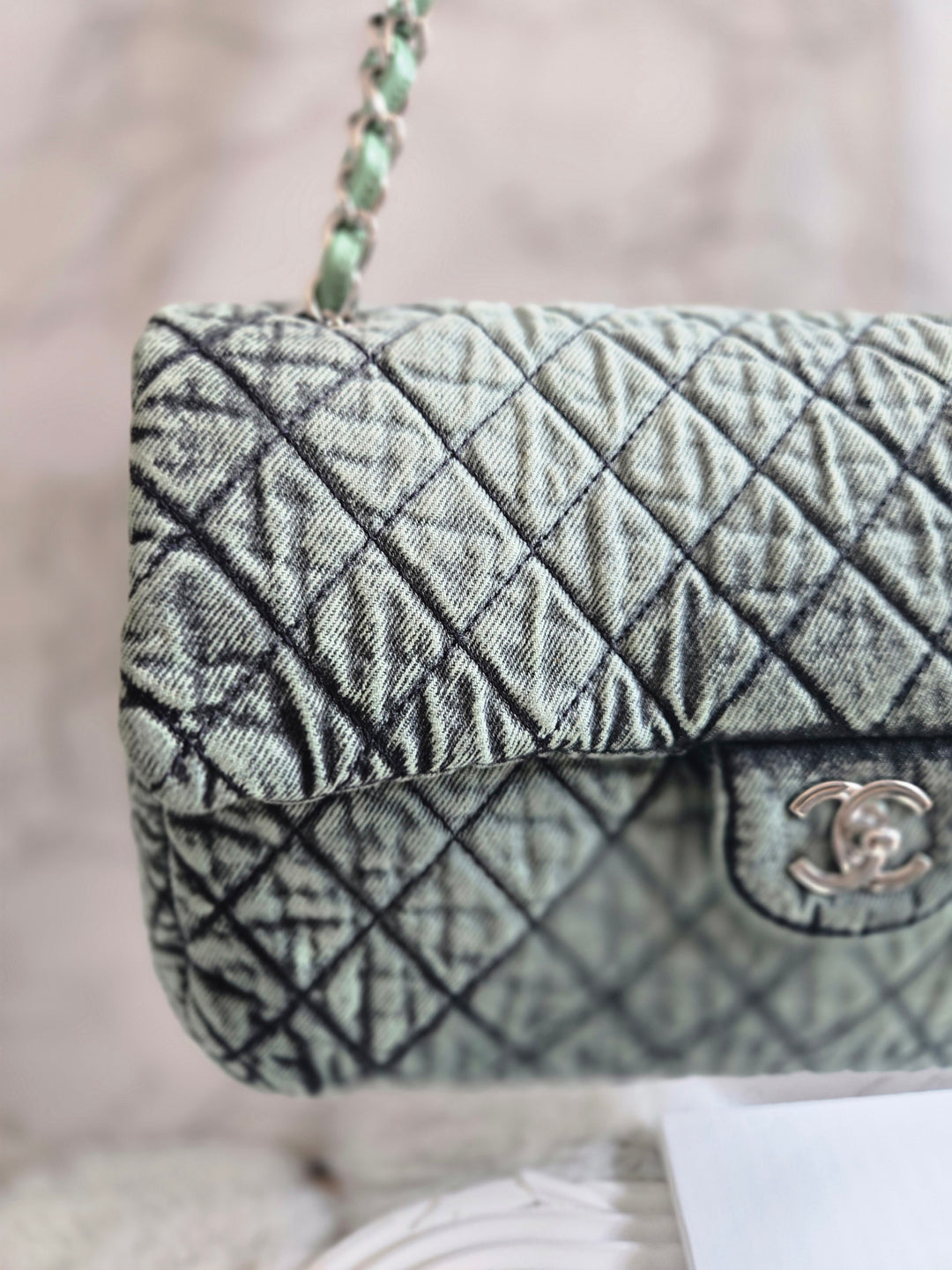 CHANEL Green Denimpression SHW size Jumbo Single Flap Bag
