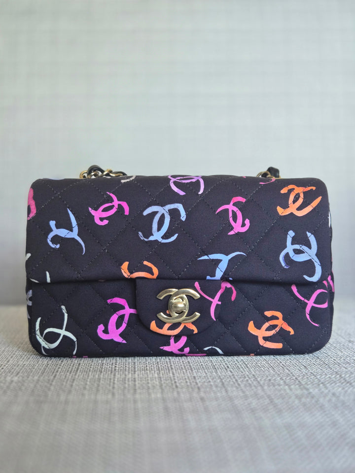 Chanel 24S collection Navy Multi color Jersey Mini Rectangular Flap Bag with Champagne GHW