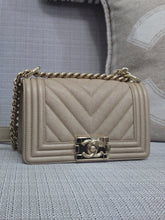 Load image into Gallery viewer, Chanel series 26 18A 2018 Fall/Winter Collection Iridescent Light Beige Chevron Caviar Le Boy Flap Bag size Small with Shiny GHW
