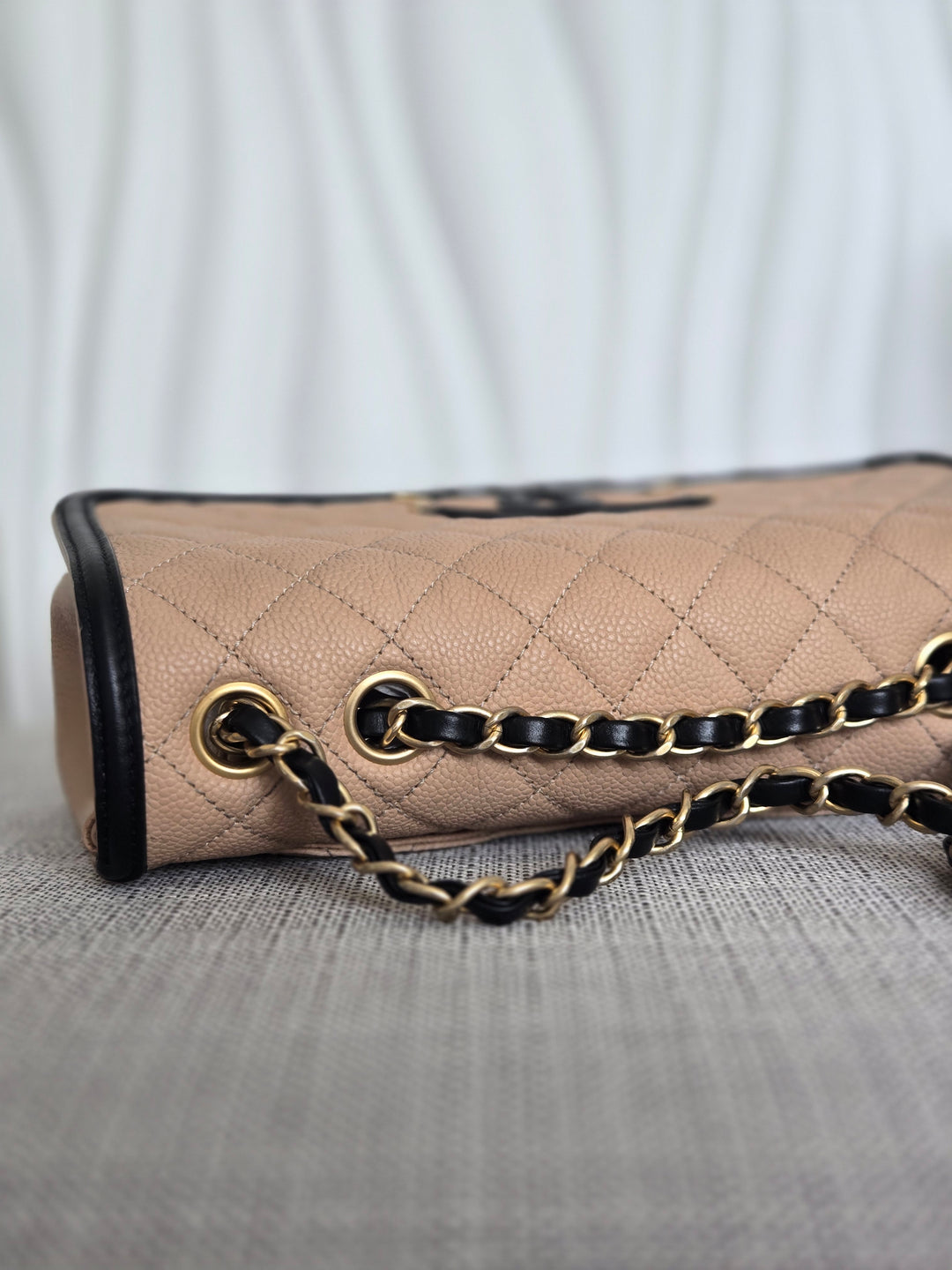 CHANEL Beige & Black Filigree Aged GHW Magnetic Closure Flap Bag size Medium 10 inches