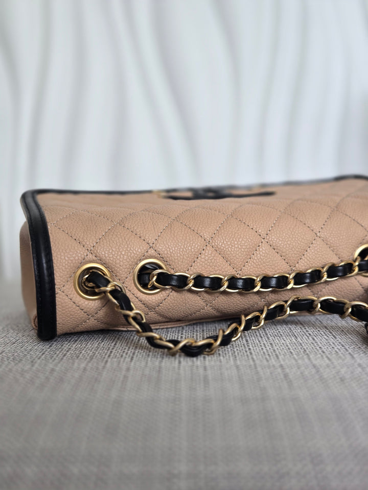 CHANEL Beige & Black Filigree Aged GHW Magnetic Closure Flap Bag size Medium 10 inches