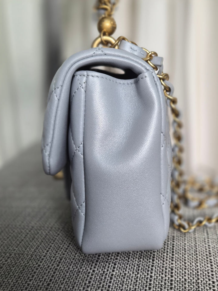 CHANEL Pearl Twist Pearly Silver Light Blue Lambskin Mini Flap Bag