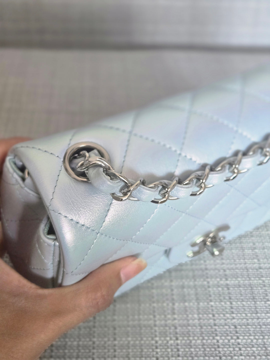 Chanel 21K collection 2021 Iridescent Light Blue Calf skin SHW Mini Rectangular Flap Bag