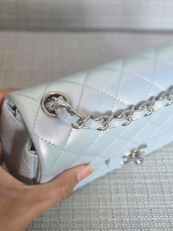 Chanel 21K collection 2021 Iridescent Light Blue Calf skin SHW Mini Rectangular Flap Bag