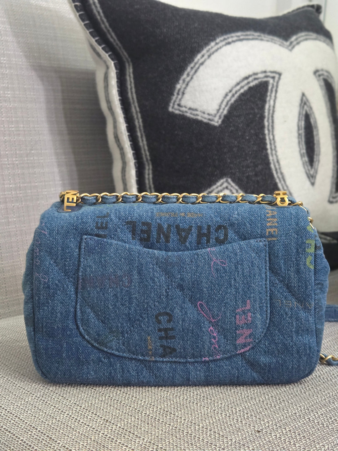 Chanel 22P Blue Denim Mood Flap Bag size Small with aged GHW