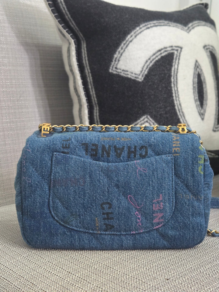 Chanel 22P Blue Denim Mood Flap Bag size Small with aged GHW