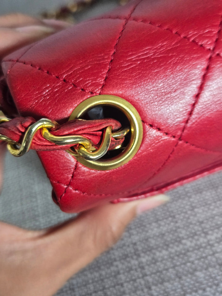Chanel series 1 Red Lambskin 24K GHW Vintage Classic Mini Square Flap Bag