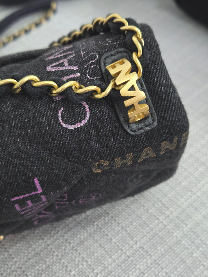 Chanel 22P collection Black Denim Mood Flap Bag with Aged GHW size Medium (25 cms)