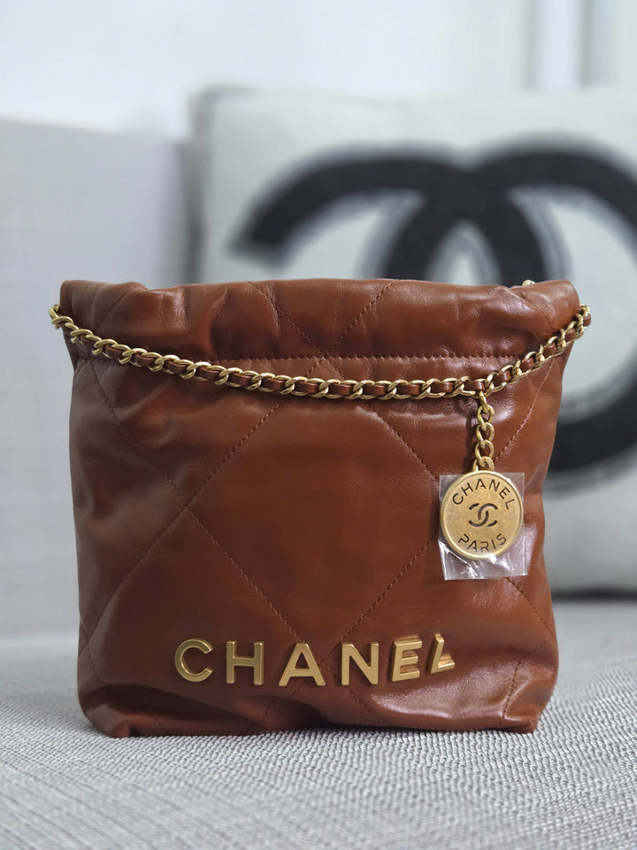 Chanel 23A 2023 Fall/Winter Collection Brown Lambskin Mini 22 Bag