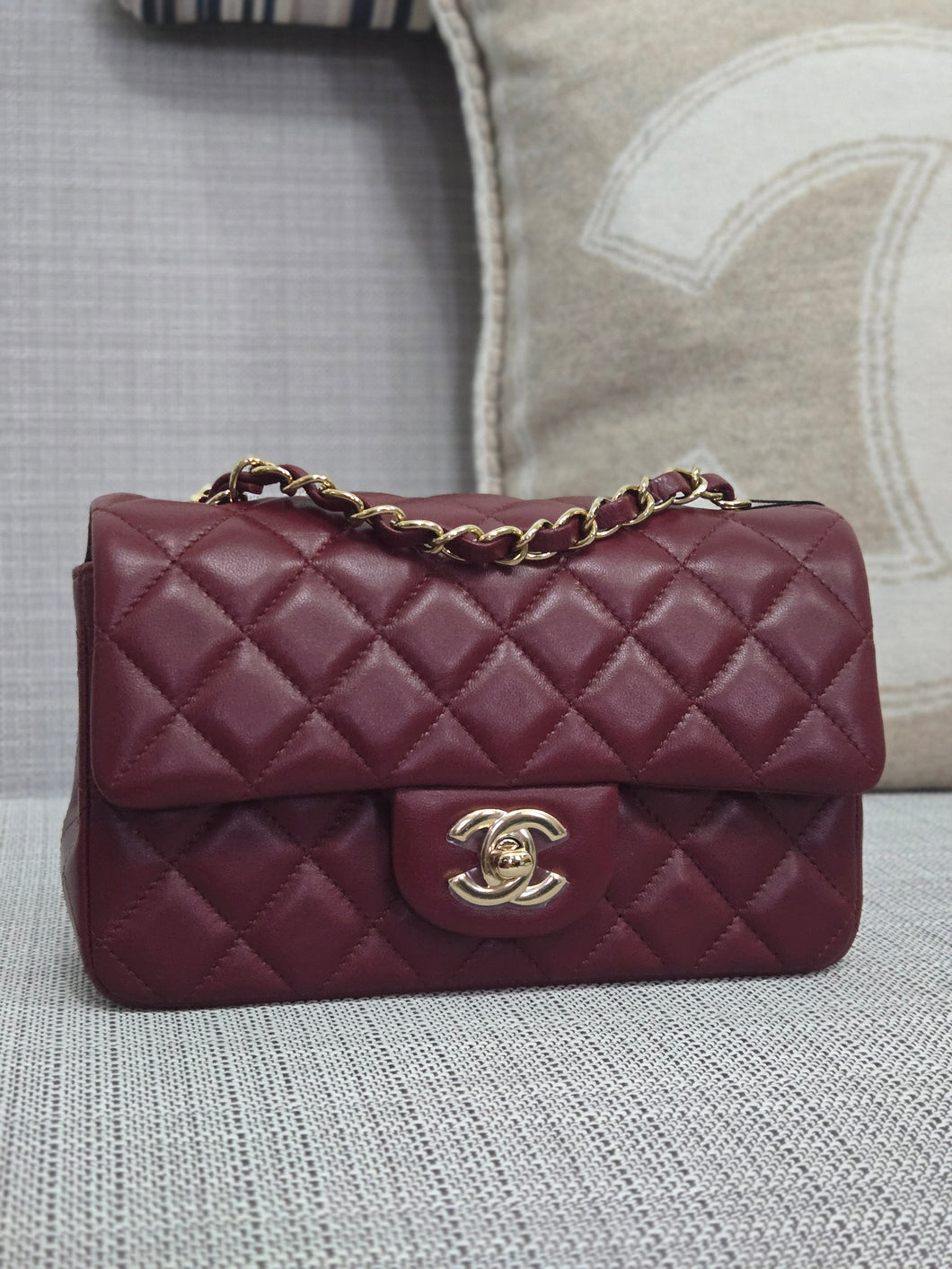 Chanel 23S 2023 Spring/Summer Collection Burgundy Lambskin Classic Mini Rectangular Flap Bag with Champagne GHW