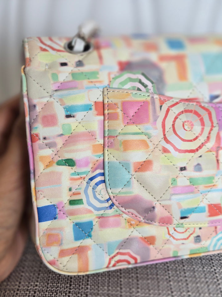 CHANEL Multi Color Rainbow Umbrella print calf skin SHW Medium Classic Double Flap Bag