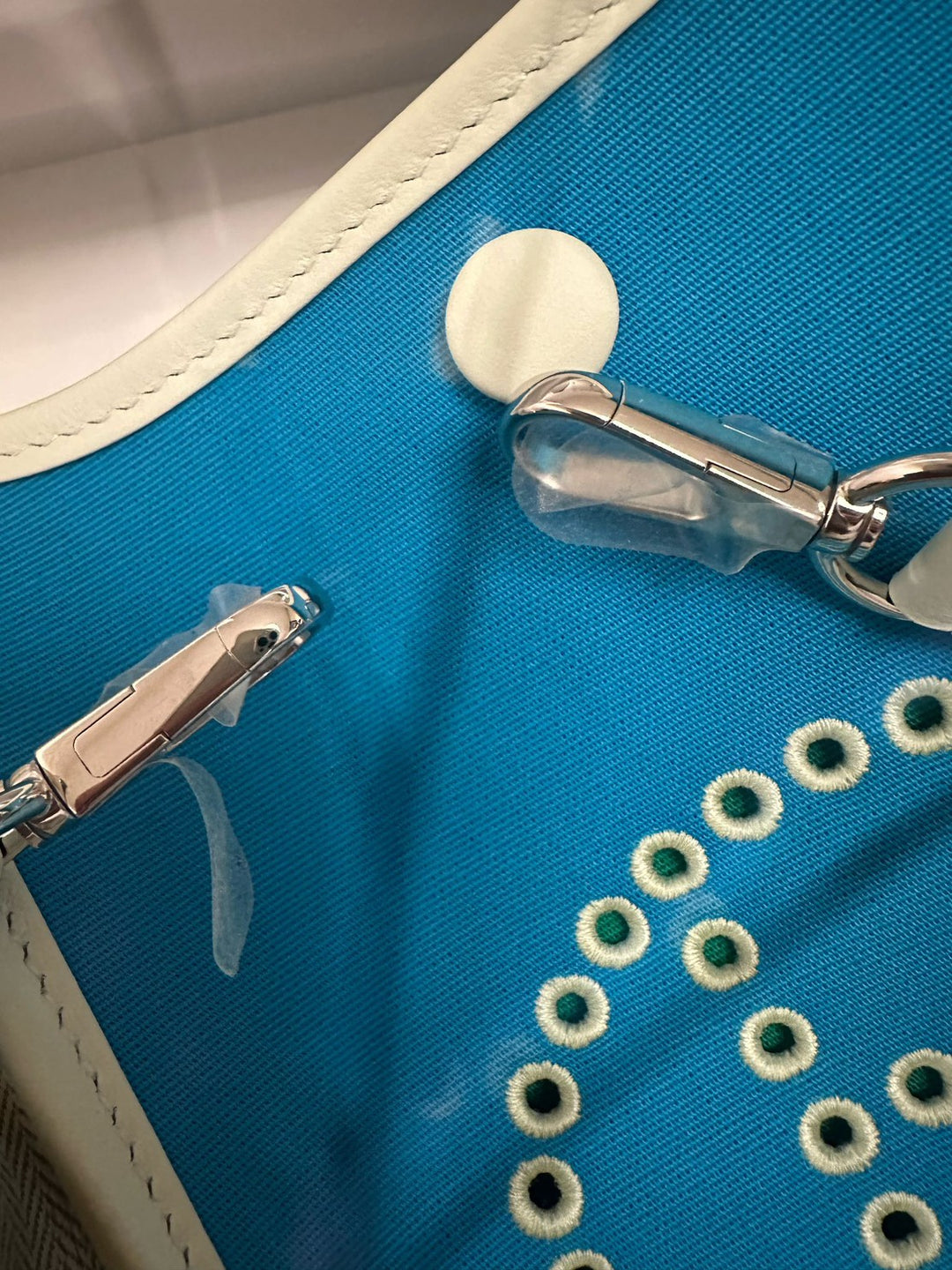Hermes Mini Evelyn 2024 W Stamp Blue Azteque / Vert Fizz / Mint Toile / Swift Neo