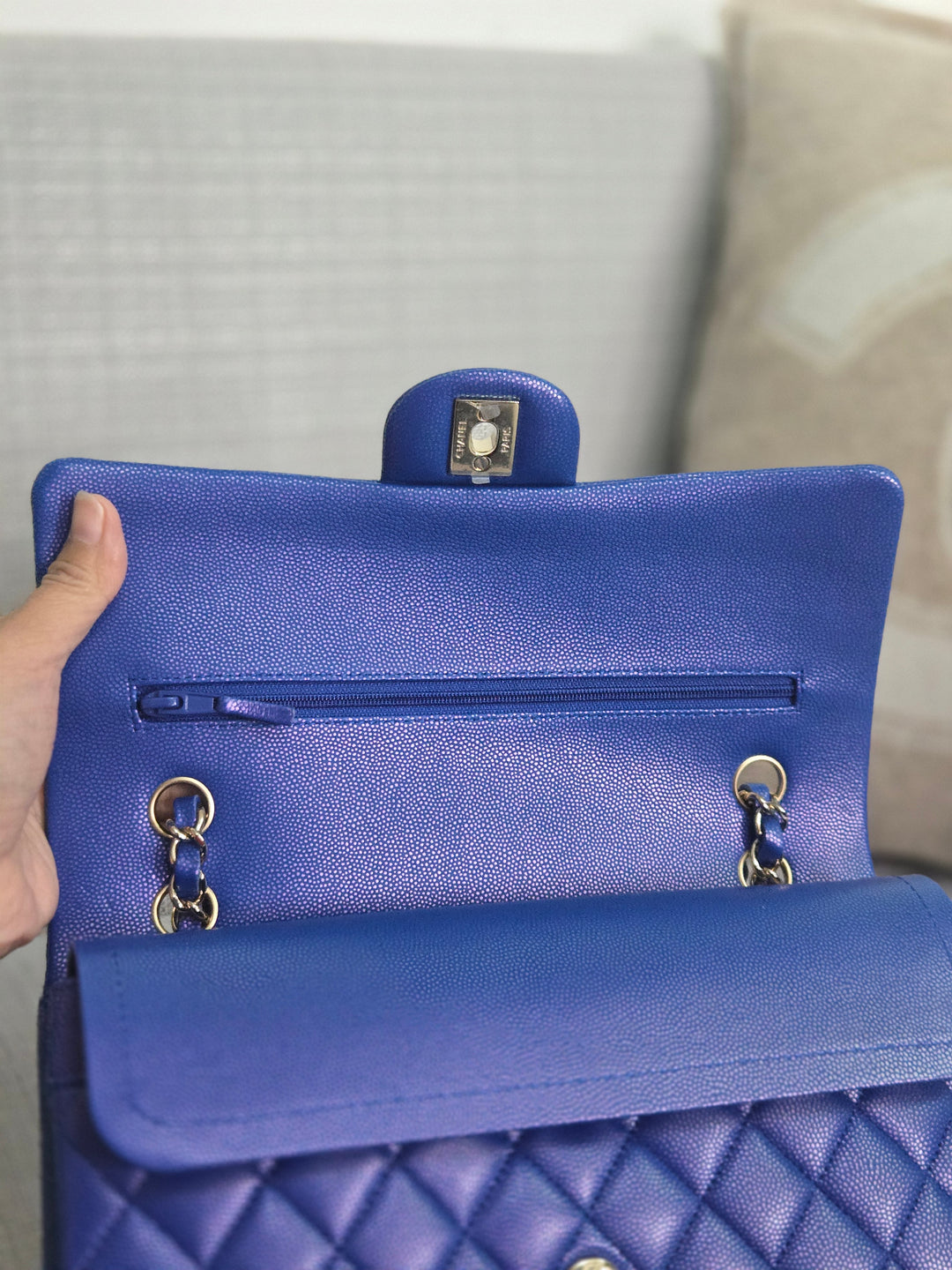 Chanel series 31 Iridescent Cobalt Blue Caviar Medium ML Timeless Classic Double Flap Bag with Champagne GHW