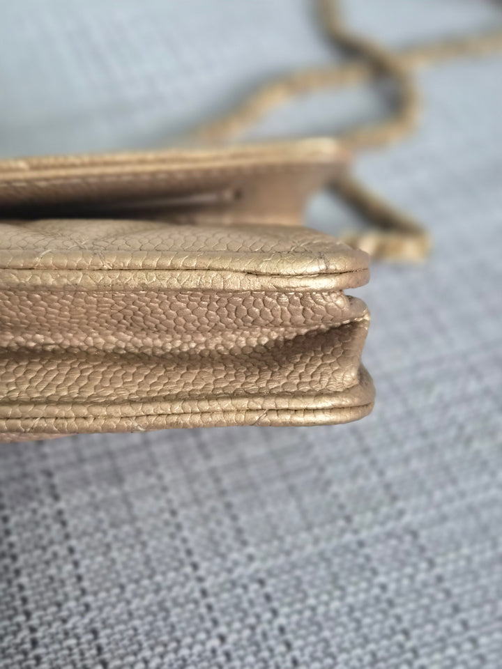 CHANEL series 20 2015 15B collection Gold Caviar Aged GHW Classic Wallet On Chain (WOC)