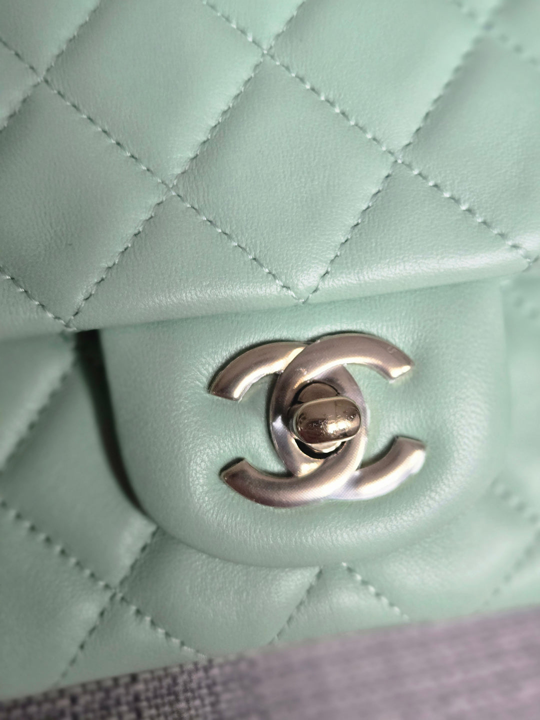 Chanel 24S collection 2024 Pastel Green Lambskin Champagne GHW Classic Mini Rectangular Flap Bag