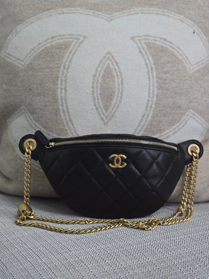 Chanel 24B 2024 Fall/Winter Black Caviar GHW Sweetheart Adjustable chain Waist Bag/Fanny Bag/Bum Bag