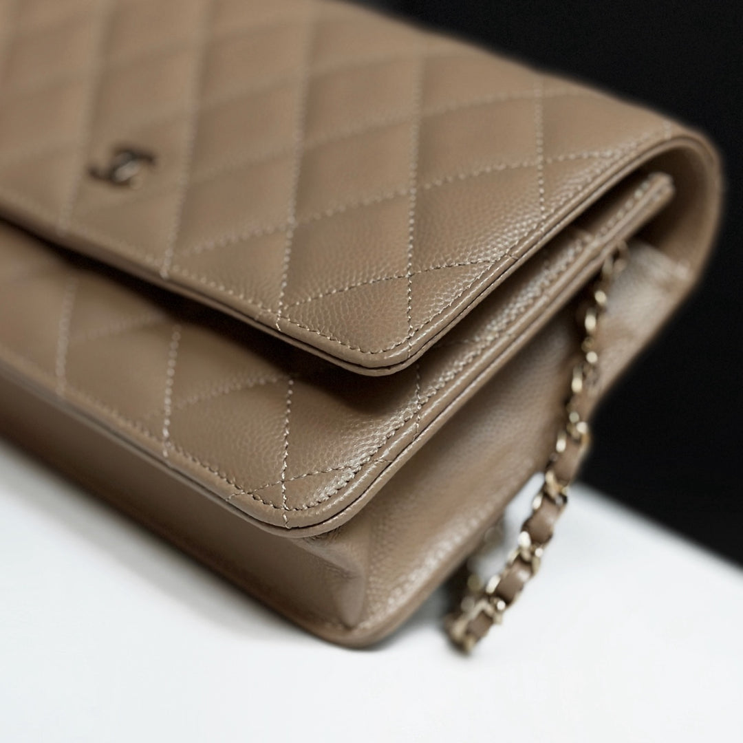 CHANEL 22A collection 2022 Dark Beige Caviar LGHW Classic Wallet On Chain (WOC)