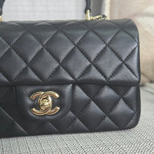 Load image into Gallery viewer, Chanel Black Lambskin Top Handle Mini Rectangular Flap Bag with Champagne GHW
