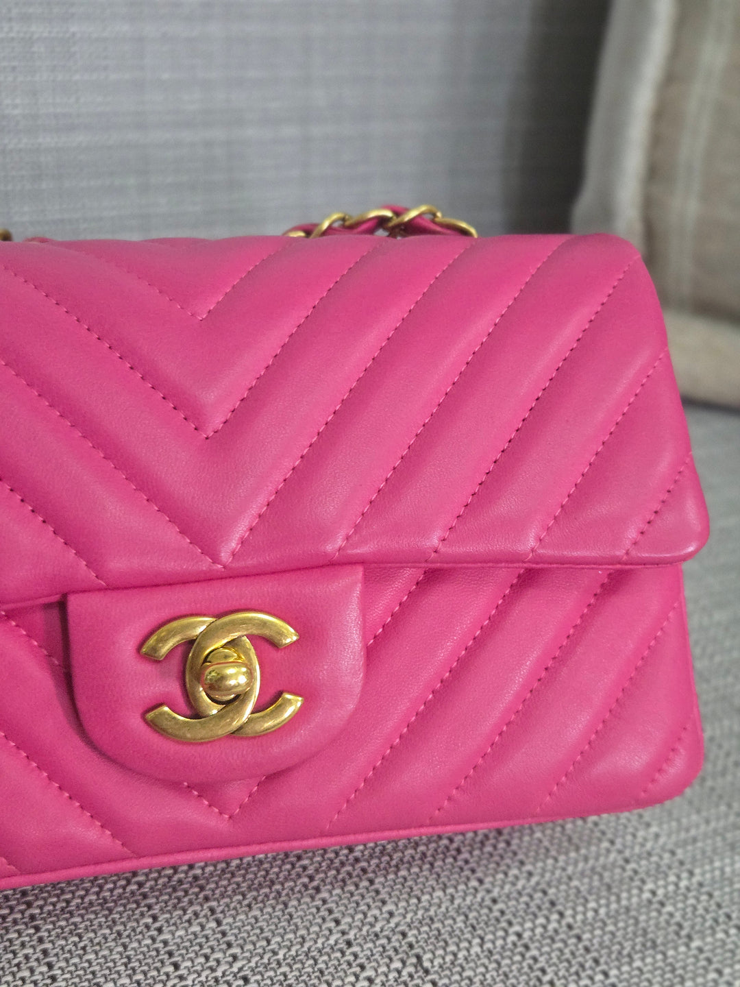 Chanel series 21 Barbie Pink Lambskin Chevron Mini Rectangular Flap Bag with Yellow GHW