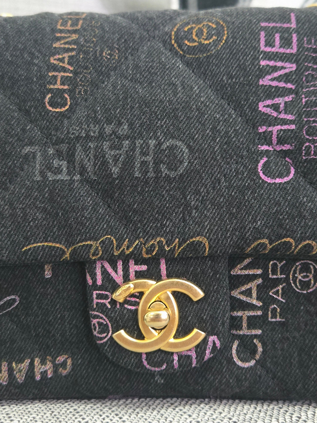 Chanel 22P collection Black Denim Mood Flap Bag with Aged GHW size Medium (25 cms)