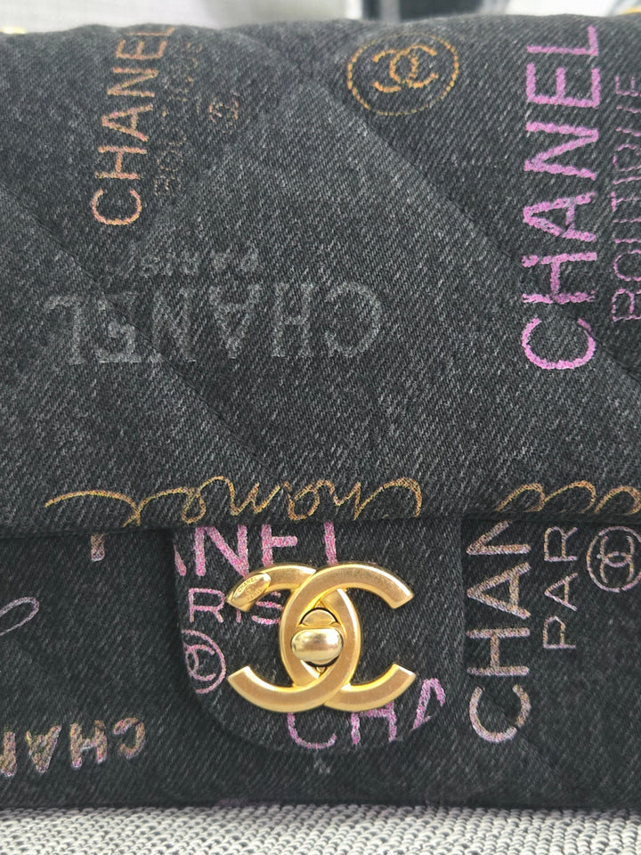 Chanel 22P collection Black Denim Mood Flap Bag with Aged GHW size Medium (25 cms)