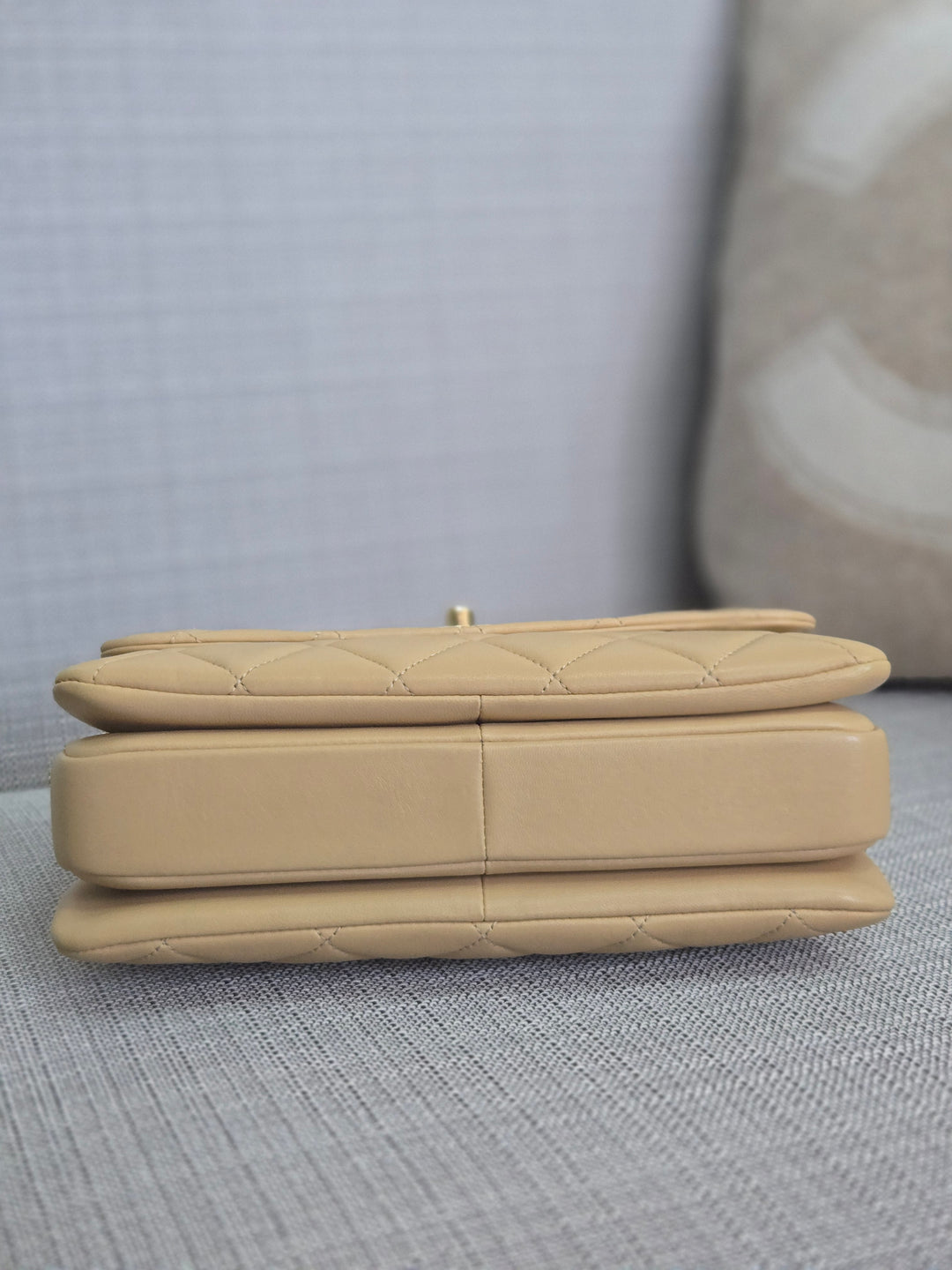 Chanel series 26 2018 Beige Lambskin Trendy CC Flap Bag with Top Handle Size Small with Champagne GHW and detachable Shoulder strap