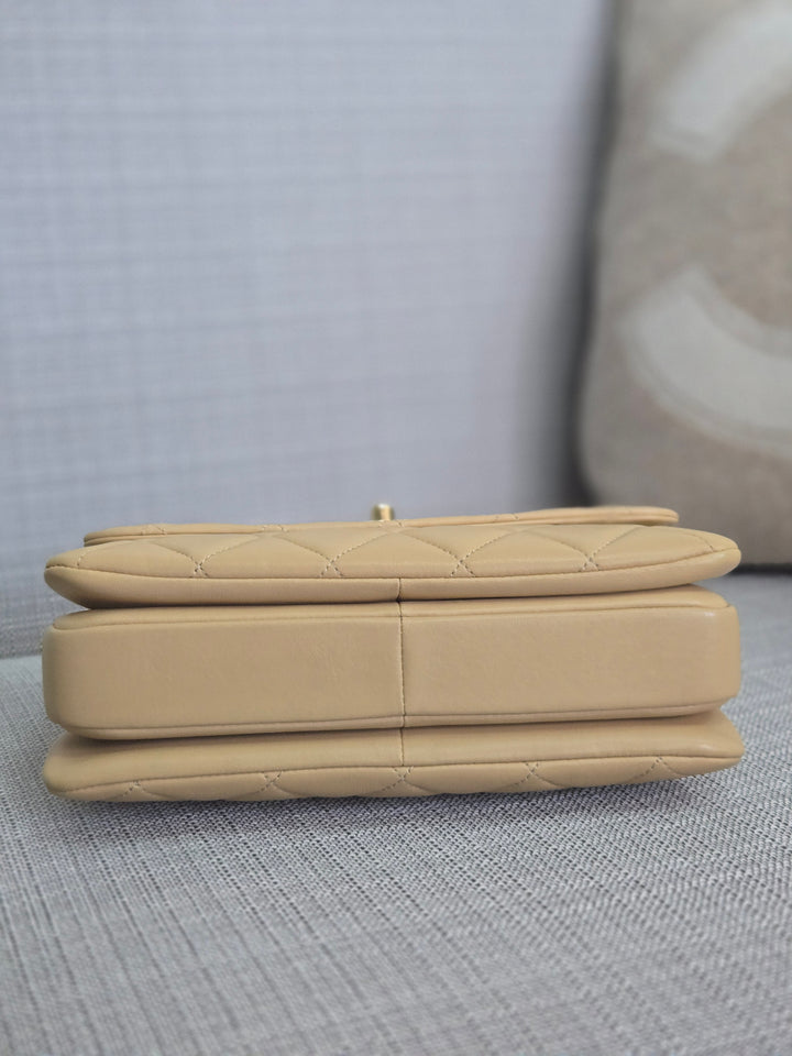 Chanel series 26 2018 Beige Lambskin Trendy CC Flap Bag with Top Handle Size Small with Champagne GHW and detachable Shoulder strap