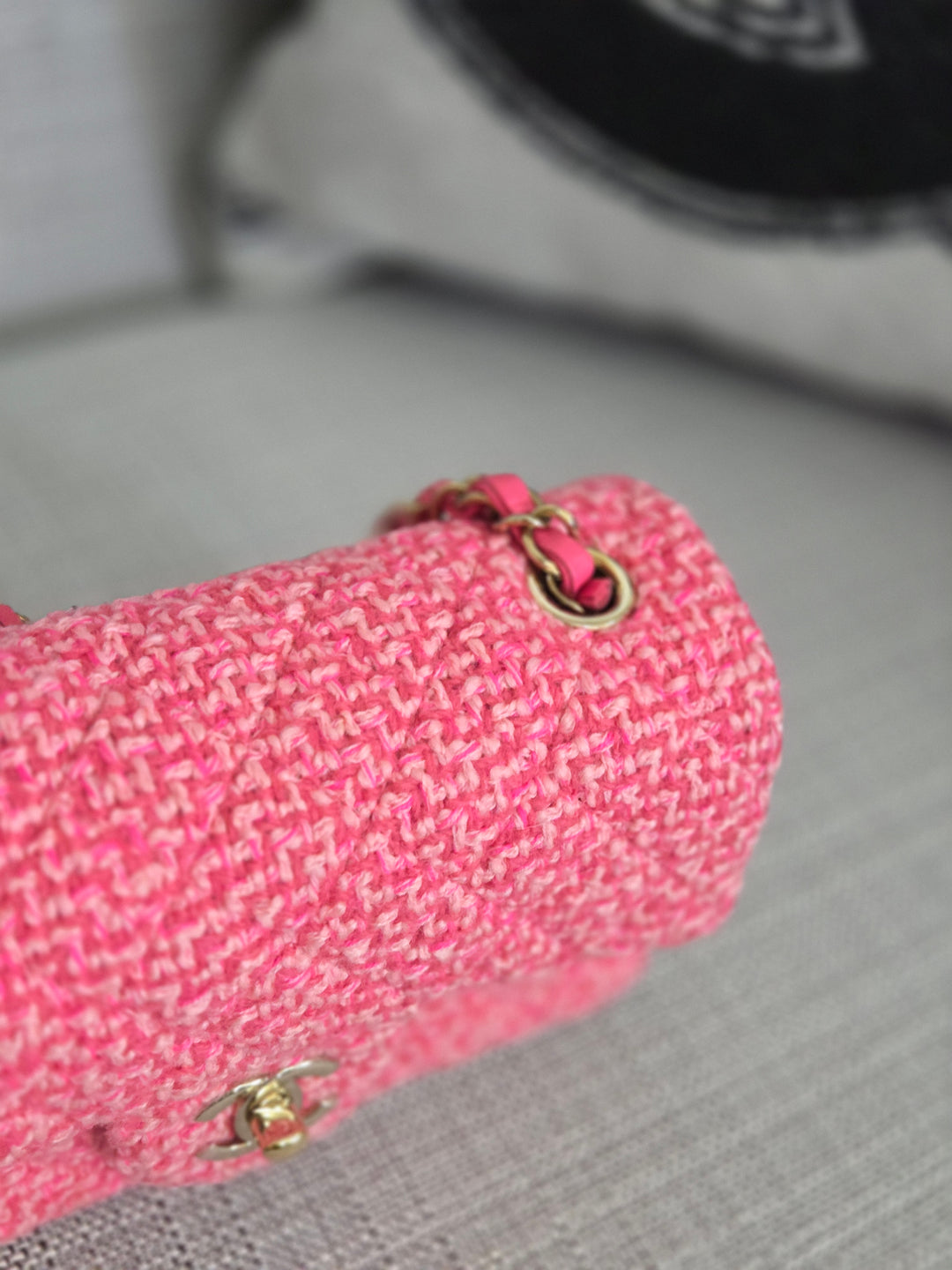 Chanel 22B 2022 Fall/Winter Fuchsia/Light Pink/Dark Pink Tweed Mini Rectangular Flap Bag with Champagne GHW