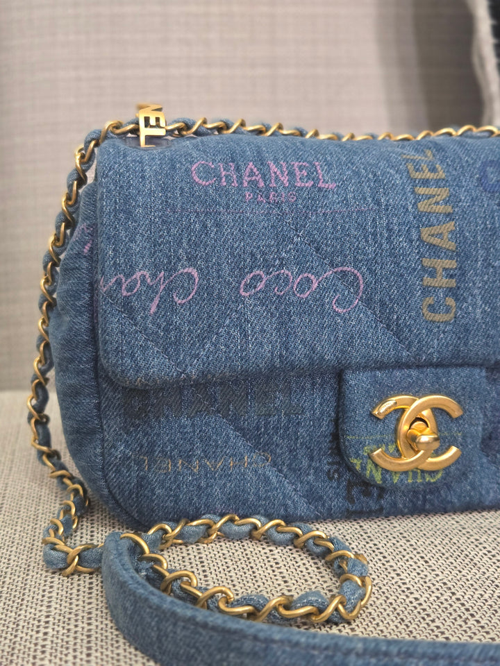 Chanel 22P Blue Denim Mood Flap Bag size Small with aged GHW
