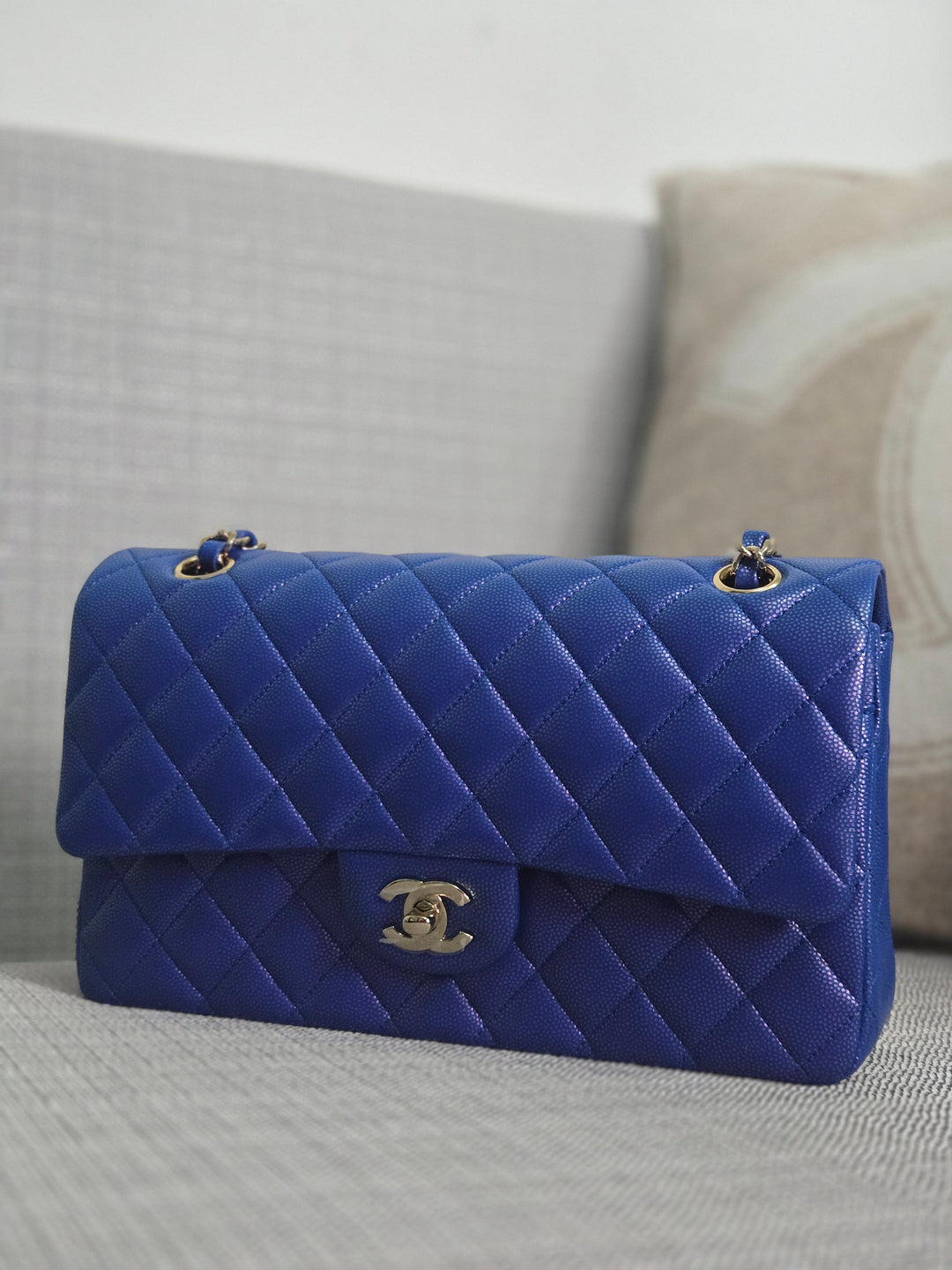 Chanel series 31 Iridescent Cobalt Blue Caviar Medium ML Timeless Classic Double Flap Bag with Champagne GHW