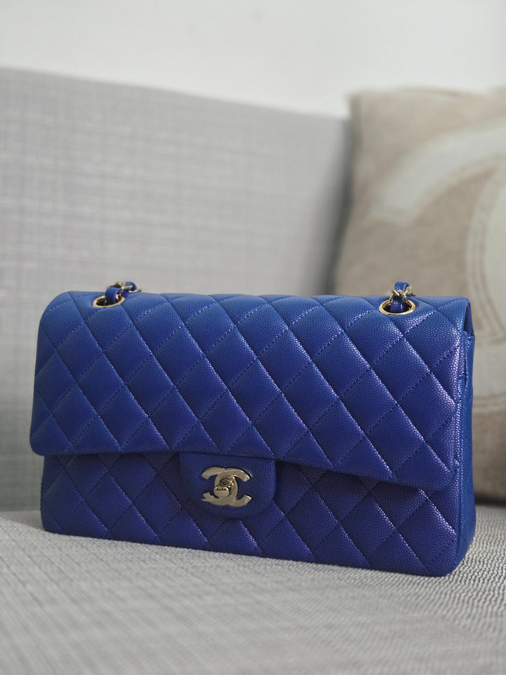 Chanel series 31 Iridescent Cobalt Blue Caviar Medium ML Timeless Classic Double Flap Bag with Champagne GHW