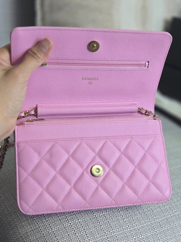 Chanel 23P Collection 2023 Mauve undertone Pink Caviar Champagne GHW Classic Wallet on chain (WOC)
