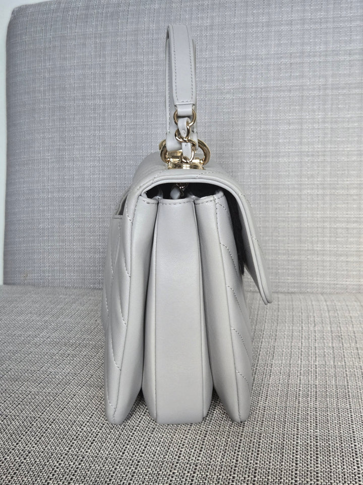 Chanel series 25 Grey Lambskin Chevron Trendy CC Top Handle Flap Bag Size Small with Champagne GHW and Detachable Shoulder strap