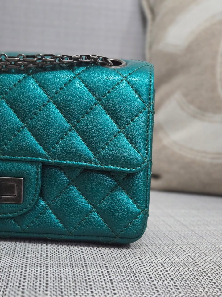 Chanel Series 28 Emerald Green Turquoise Calf skin 2.55 Reissue Mini Flap Bag with Ruthenium Hardwars