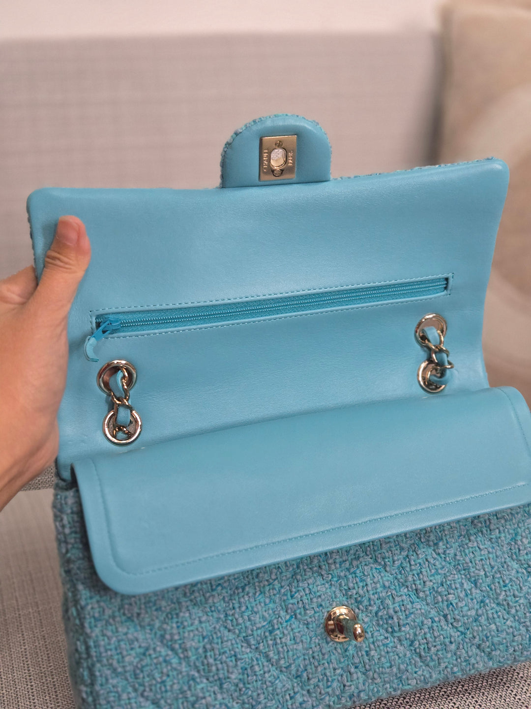 Chanel 22B 2022 Fall/Winter Collection Turquoise Blue Tweed Medium ML Timeless Classic Double Flap Bag with Champagne GHW