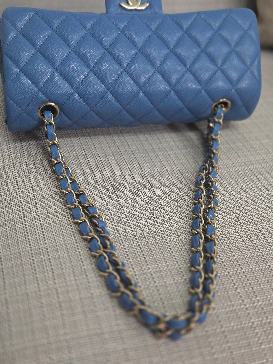Chanel Series 30 Blue Caviar Medium Timeless Classic Double Flap Bag with Champagne GHW