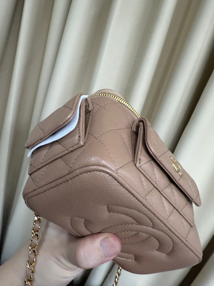 CHANEL Dark Beige Caviar Quiled Polly Pockets Cargo Small Vanity Case with Aged GHW