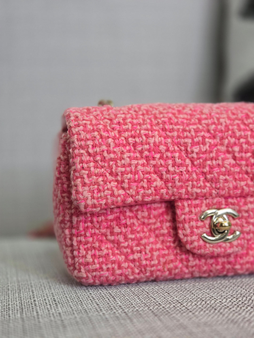 Chanel 22B 2022 Fall/Winter Fuchsia/Light Pink/Dark Pink Tweed Mini Rectangular Flap Bag with Champagne GHW