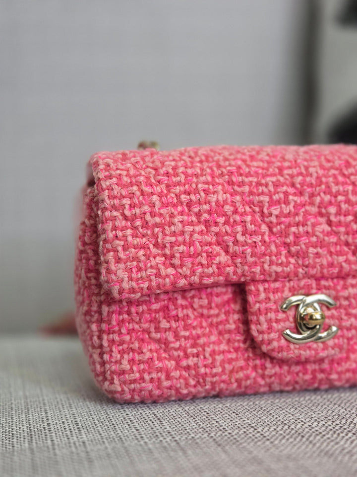 Chanel 22B 2022 Fall/Winter Fuchsia/Light Pink/Dark Pink Tweed Mini Rectangular Flap Bag with Champagne GHW