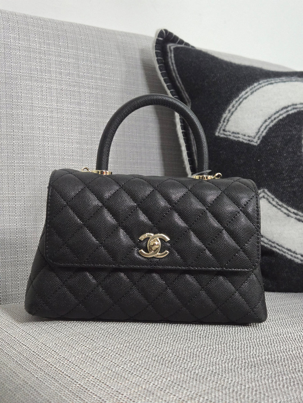 Chanel Black Caviar Champagne GHW Coco Handle Flap Bag size Small with Detachable Strap