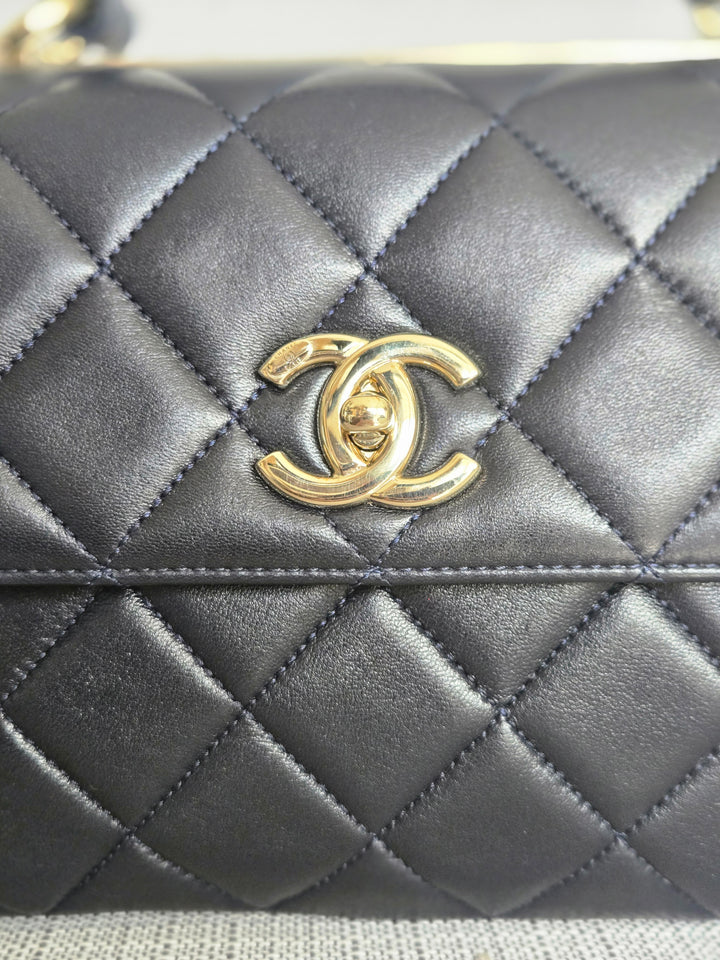 Chanel series 28 2019 Navy Lambskin Champagne GHW Trendy CC Flap Bag size Small with Detachable Strap