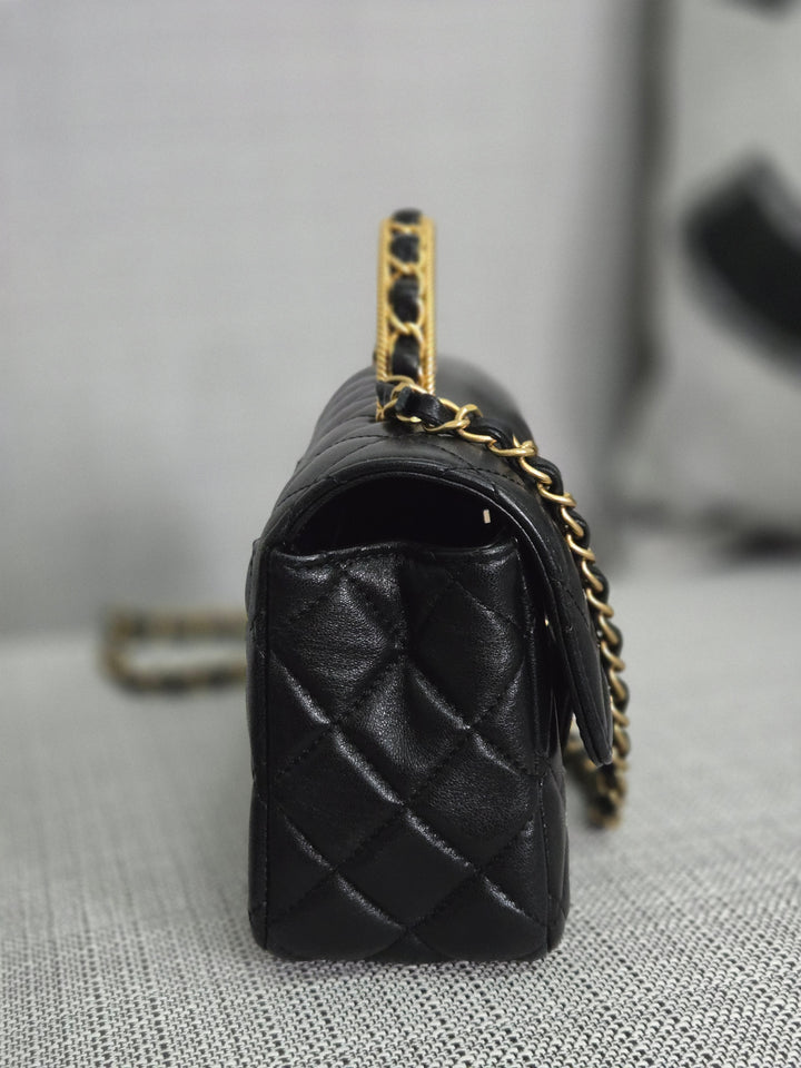 Chanel Black Lambskin Mini Rectangular Flap Bag with Top Handle GHW