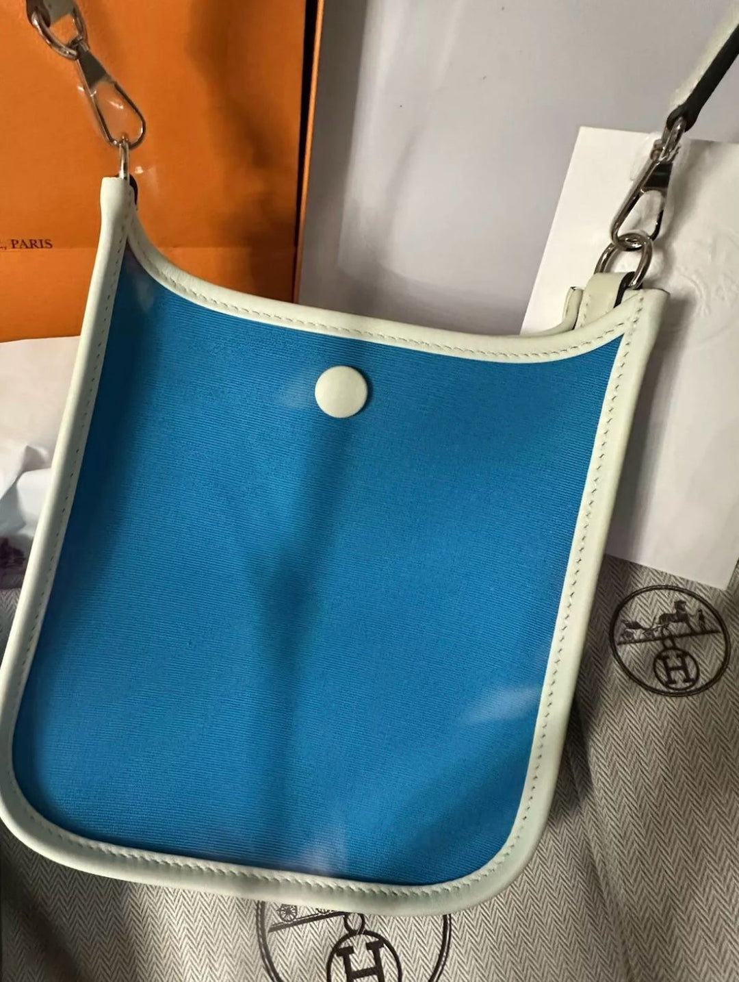 Hermes Mini Evelyn 2024 W Stamp Blue Azteque / Vert Fizz / Mint Toile / Swift Neo