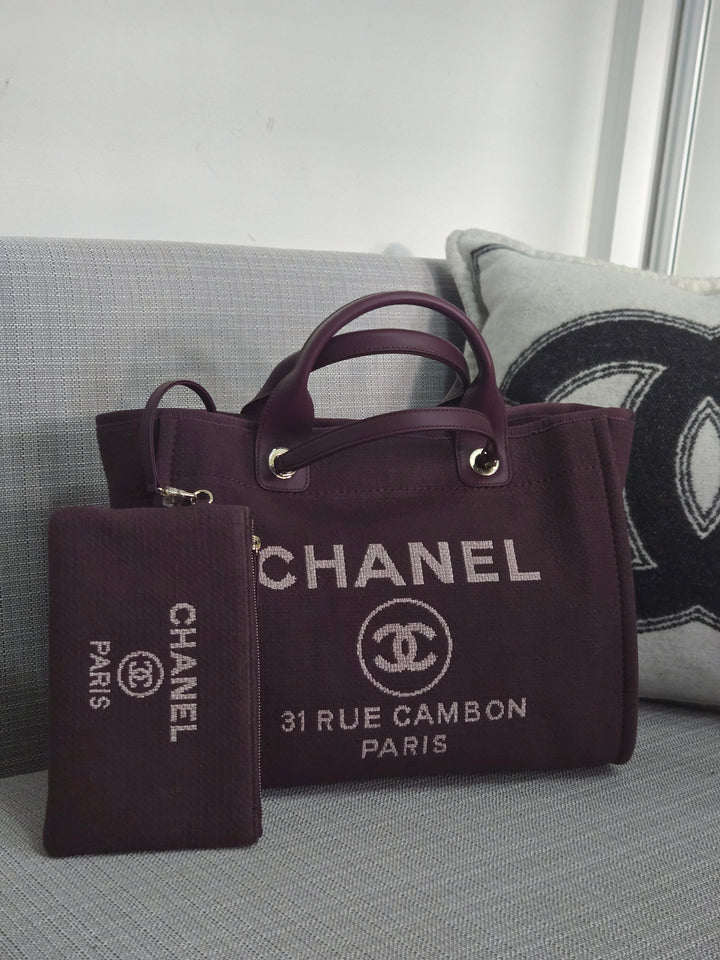 Chanel 24B 2024 Fall/Winter Collection Burgundy Tweed Deauville Tote with Leather top handle size small and Detachable pouch