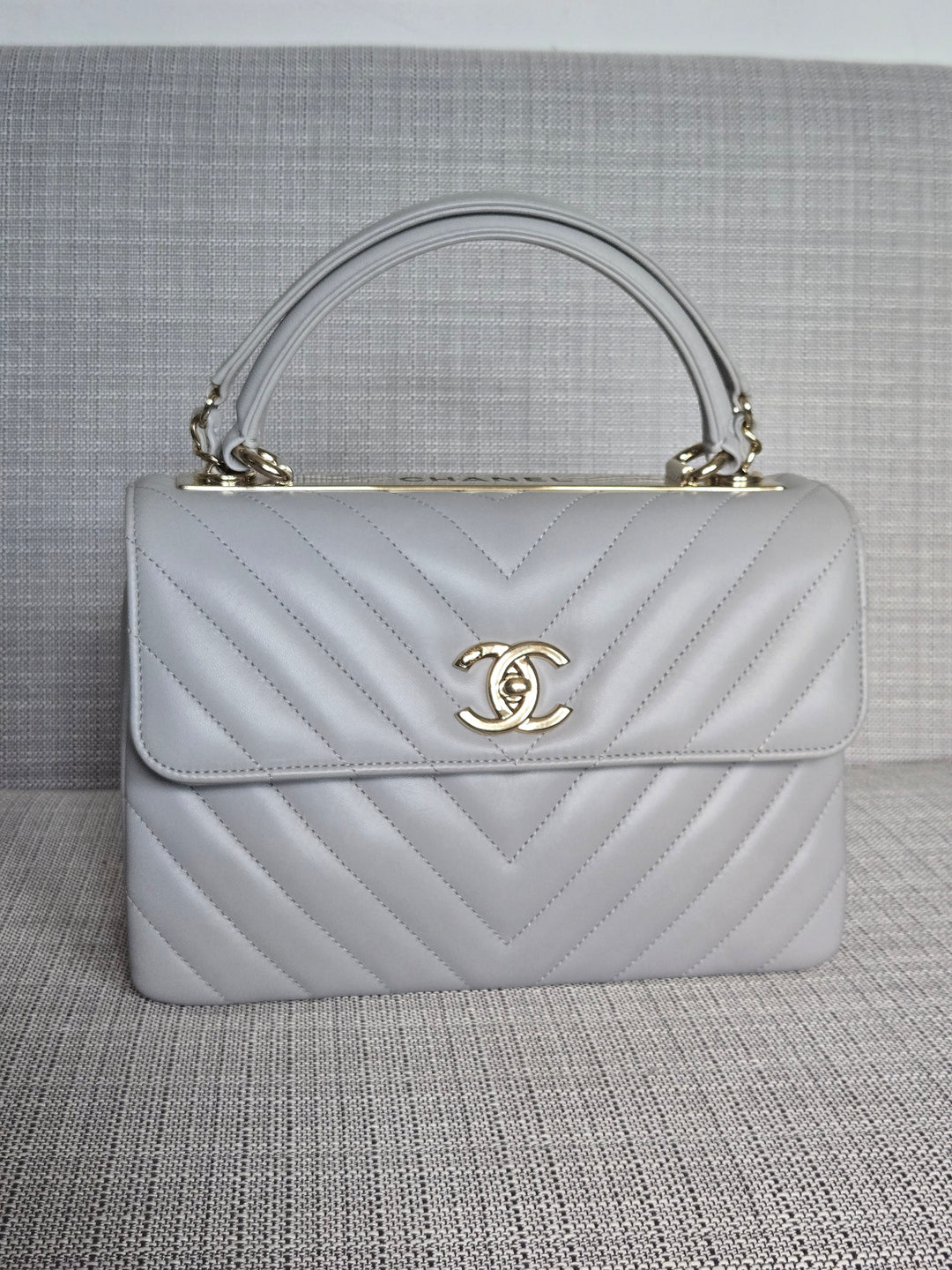 Chanel series 25 Grey Lambskin Chevron Trendy CC Top Handle Flap Bag Size Small with Champagne GHW and Detachable Shoulder strap