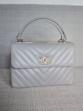 Load image into Gallery viewer, Chanel series 25 Grey Lambskin Chevron Trendy CC Top Handle Flap Bag Size Small with Champagne GHW and Detachable Shoulder strap
