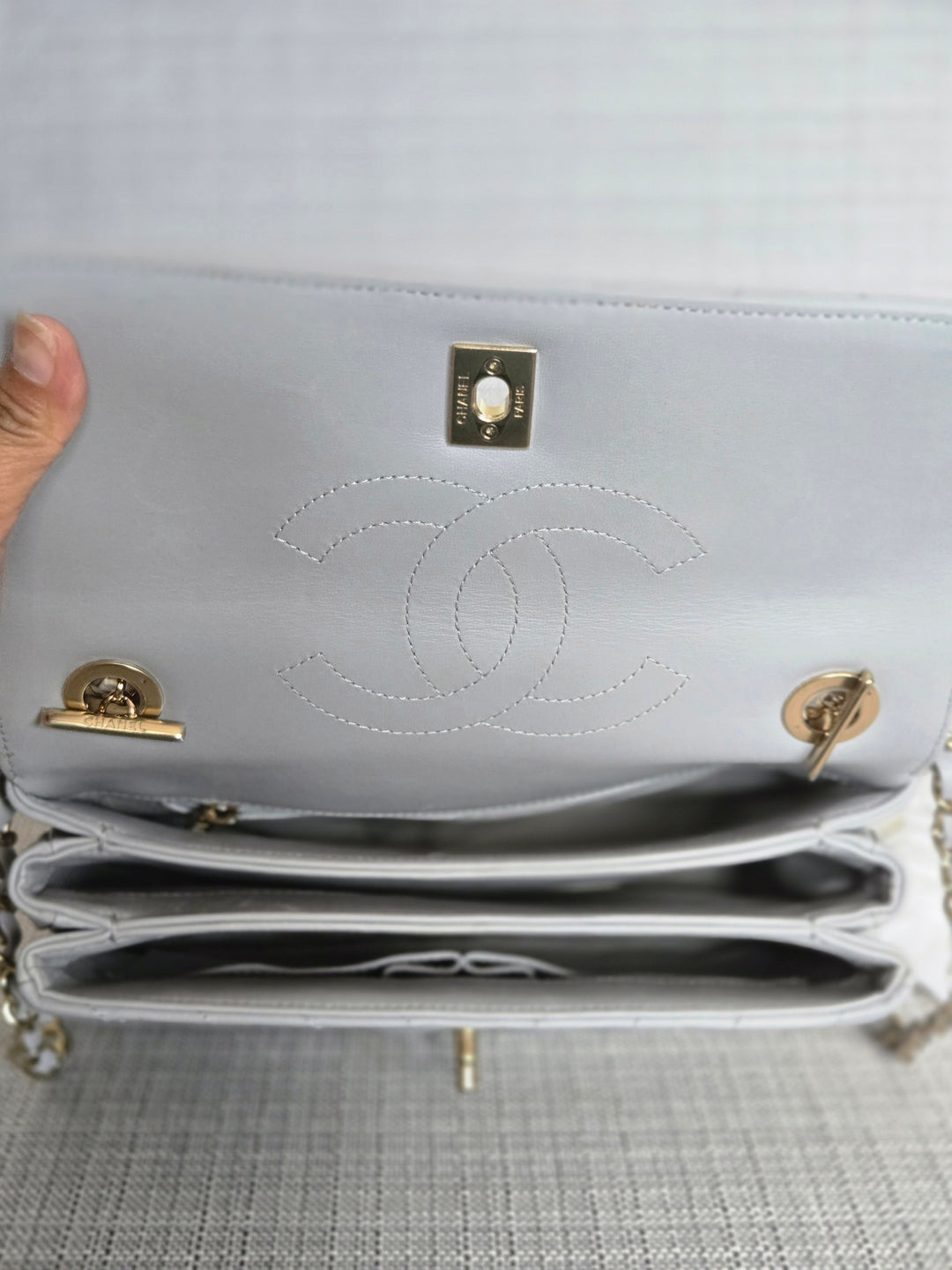 Chanel series 25 Grey Lambskin Chevron Trendy CC Top Handle Flap Bag Size Small with Champagne GHW and Detachable Shoulder strap