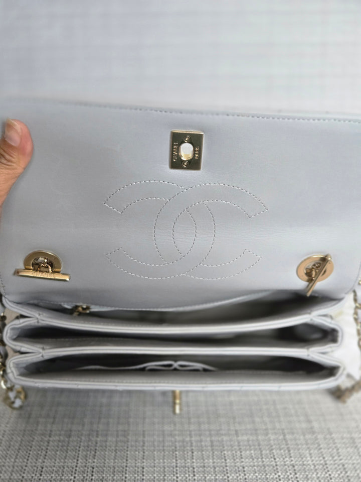 Chanel series 25 Grey Lambskin Chevron Trendy CC Top Handle Flap Bag Size Small with Champagne GHW and Detachable Shoulder strap