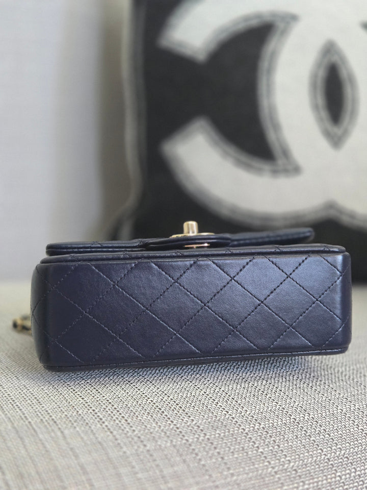 Chanel Navy Lambskin Mini Rectangular Flap Bag with Champagne GHW and Top Handle
